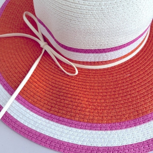 Multicolored straw woven floppy round Hat stripes tie pink orange white NWOT - Picture 3 of 6